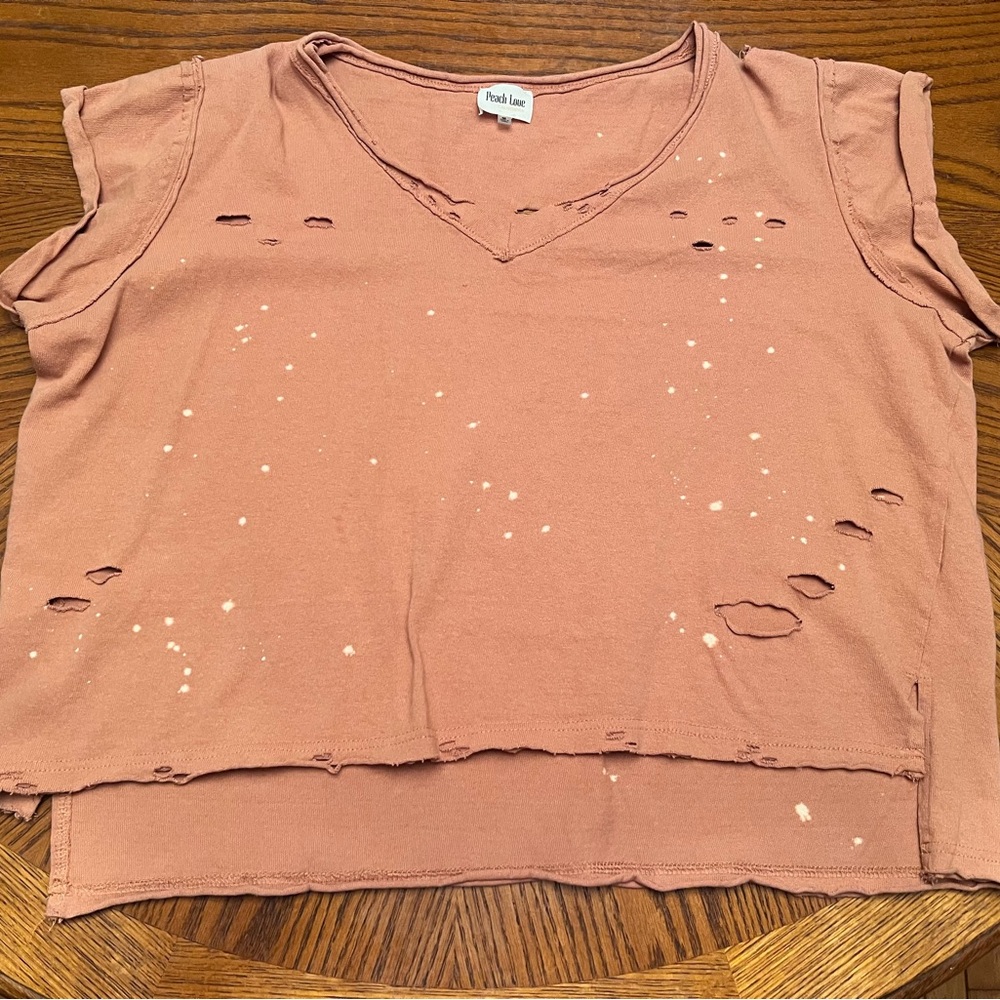 Peach Love California Distressed Brown Short Sleeve Top